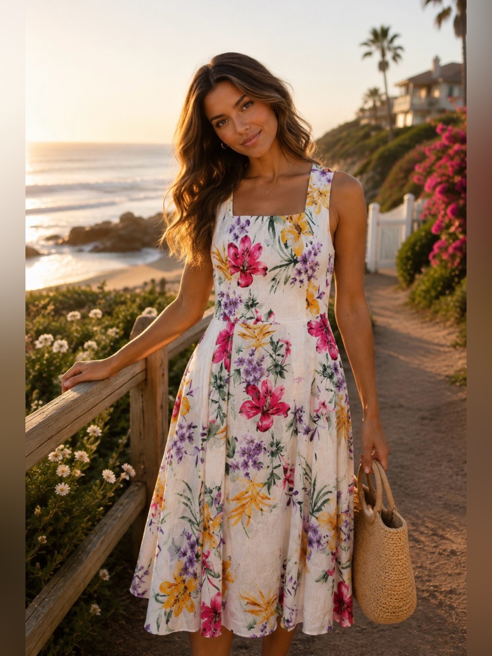 White Floral Fit-and-Flare Dress with Pink & Yellow Blooms